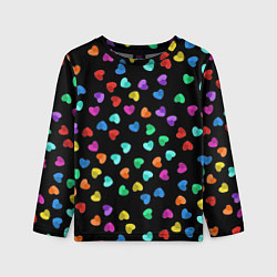 Лонгслив детский Сердечки разноцветные на черном, цвет: 3D-принт
