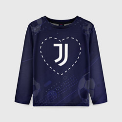 Лонгслив детский Лого Juventus в сердечке на фоне мячей, цвет: 3D-принт