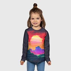 Лонгслив детский Синтвейв неоновые горы на закате, цвет: 3D-принт — фото 2