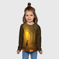 Лонгслив детский Ведьма в черном платье в заколдованном лесу с тыкв, цвет: 3D-принт — фото 2