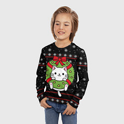 Лонгслив детский Рождественский венок с котиком, цвет: 3D-принт — фото 2