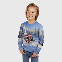Лонгслив детский Ряженый котик в зимнем лесу, цвет: 3D-принт — фото 2
