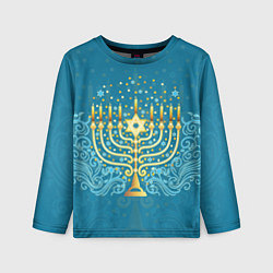 Лонгслив детский Золотая менора с синим цветочным орнаментом, цвет: 3D-принт