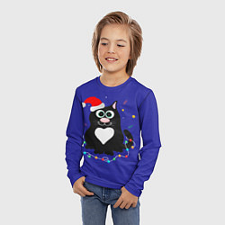 Лонгслив детский Черный пушистый кот в шапке Санта Клауса, цвет: 3D-принт — фото 2