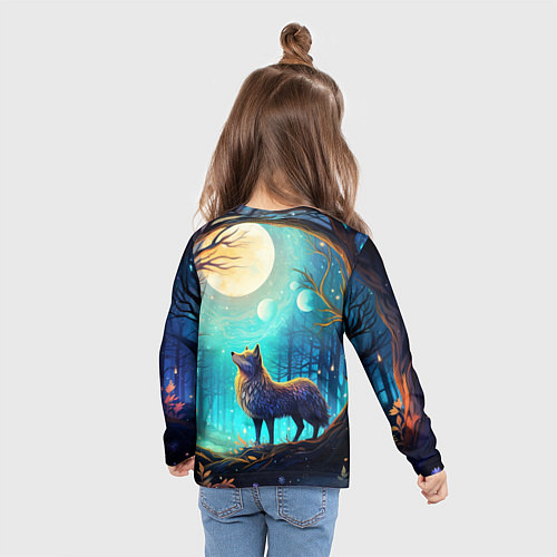 Детский лонгслив Волк в ночном лесу в folk art стиле / 3D-принт – фото 6