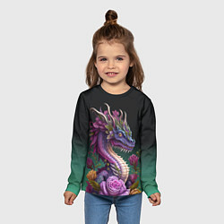 Лонгслив детский Неоновый дракон с цветами, цвет: 3D-принт — фото 2