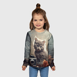 Лонгслив детский Серый котенок, винтажное фото, цвет: 3D-принт — фото 2