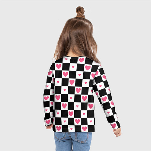 Детский лонгслив Розовые сердечки на фоне шахматной черно-белой дос / 3D-принт – фото 6