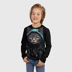 Лонгслив детский Кот в капюшоне стиль киберпанк, цвет: 3D-принт — фото 2