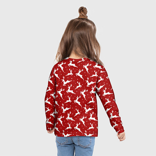 Детский лонгслив Красный паттерн с новогодними оленями / 3D-принт – фото 6
