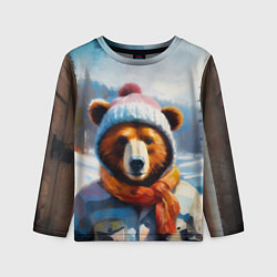 Лонгслив детский Бурый медведь в зимней одежде, цвет: 3D-принт