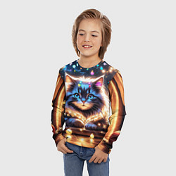 Лонгслив детский Кот с гирляндой среди новогодних украшений, цвет: 3D-принт — фото 2