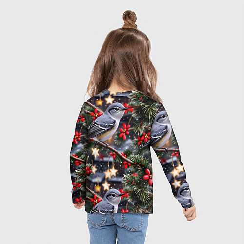 Детский лонгслив Рождественская птица пересмешник / 3D-принт – фото 6