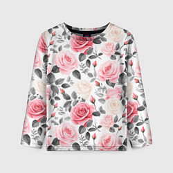 Лонгслив детский Розовые розы и серые листочки - паттерн, цвет: 3D-принт