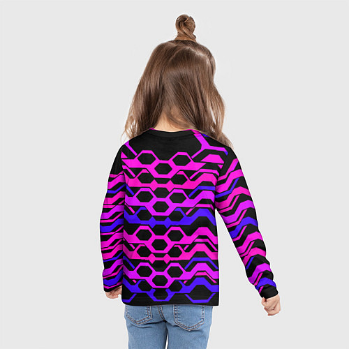 Детский лонгслив Розовые техно полосы на чёрном фоне / 3D-принт – фото 6