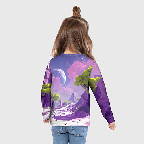 Детский лонгслив Фиолетовые горы зеленые деревья и космос / 3D-принт – фото 6