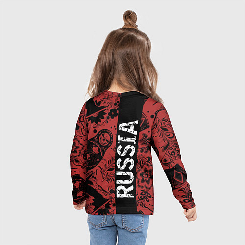 Детский лонгслив Россия на фоне матрёшек балалайки и славянских узо / 3D-принт – фото 6