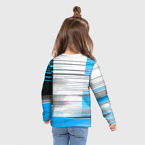 Детский лонгслив Чёрные вертикальные полосы на сине-белом фоне / 3D-принт – фото 6