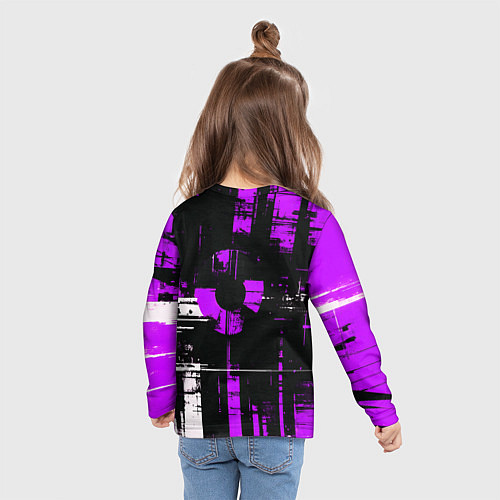 Детский лонгслив Фиолетово-белый гранж на чёрном фоне / 3D-принт – фото 6