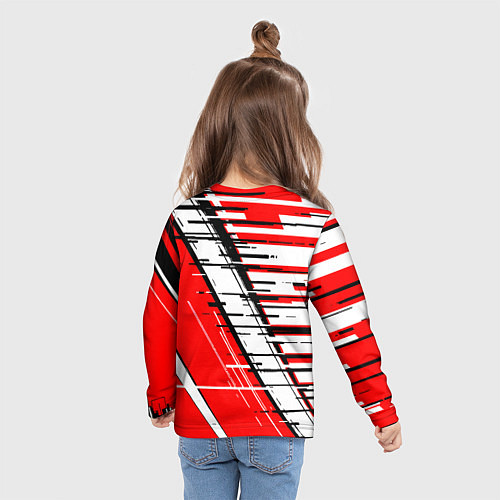 Детский лонгслив Чёрно-белые глитч полосы на красном фоне / 3D-принт – фото 6