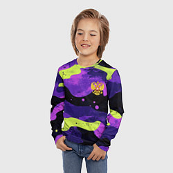 Лонгслив детский Черно-фиолетовый камуфляж и золотой герб РФ, цвет: 3D-принт — фото 2