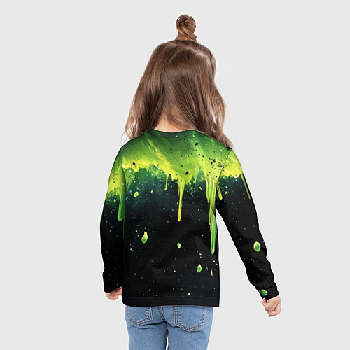 Детский лонгслив Зеленая стекающая краска по черному фону / 3D-принт – фото 6