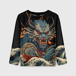 Лонгслив детский Японский дракон и волны в стиле тату ирезуми, цвет: 3D-принт