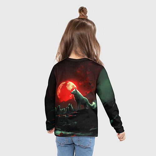 Детский лонгслив Белый волк на фоне красной луны / 3D-принт – фото 6