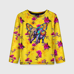 Лонгслив детский Слон с крыльями бабочки на цветочном фоне, цвет: 3D-принт