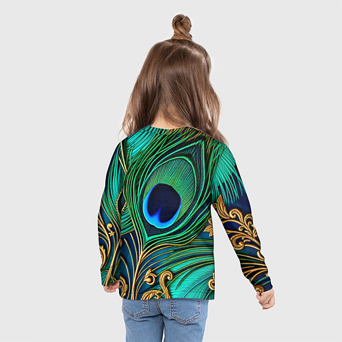 Детский лонгслив Зеленые перья павлина / 3D-принт – фото 6