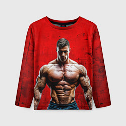 Лонгслив детский Бодибилдер на красном, цвет: 3D-принт