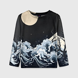 Лонгслив детский Японские волны и луна, цвет: 3D-принт