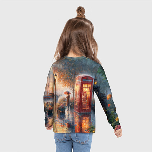 Детский лонгслив Красная телефонная будка на набережной / 3D-принт – фото 6