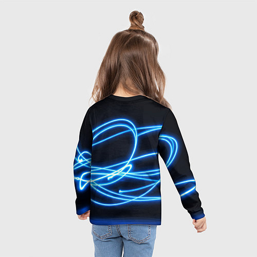 Детский лонгслив Неоновые голубые волны на черном фоне / 3D-принт – фото 6