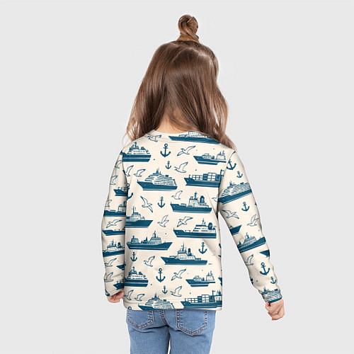 Детский лонгслив Морской паттерн из чаек, якорей и кораблей / 3D-принт – фото 6