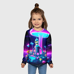 Лонгслив детский Робот-сгибальщик Бендер на поляне неоновых грибов, цвет: 3D-принт — фото 2