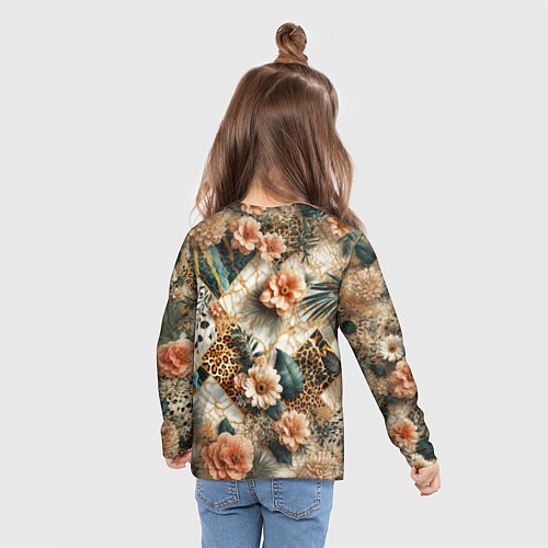 Детский лонгслив Цветы на кусках мрамора и леопардовом узоре / 3D-принт – фото 6