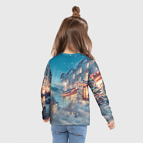 Детский лонгслив Лошадь на фоне новогодней улицы / 3D-принт – фото 6