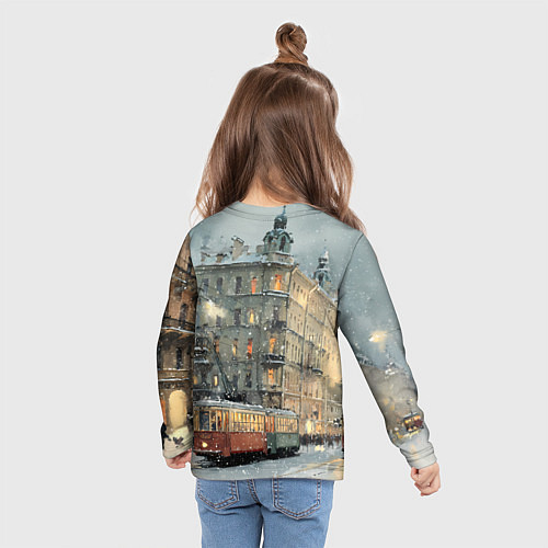 Детский лонгслив Трамваи в зимнем Санкт-Петербурге / 3D-принт – фото 6