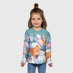 Лонгслив детский Дети во дворе лепят снеговика, цвет: 3D-принт — фото 2