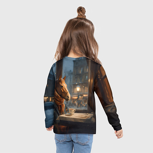 Детский лонгслив Лошадь в кафе ищет новогоднее настроение / 3D-принт – фото 6