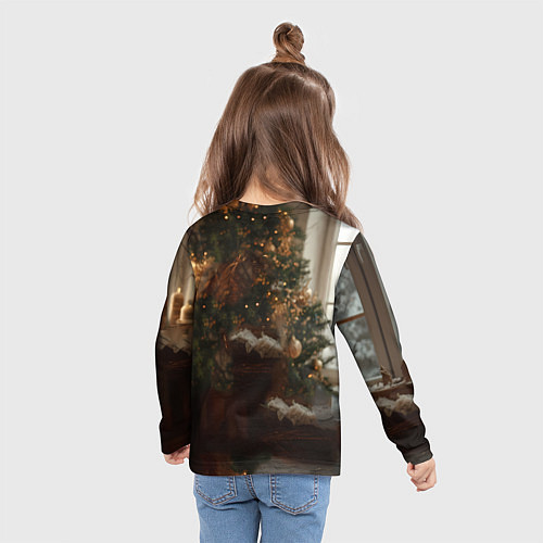 Детский лонгслив Белая лошадка лежит у новогодней елки / 3D-принт – фото 6