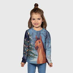 Лонгслив детский Лошадь на фоне новогодней елки, цвет: 3D-принт — фото 2