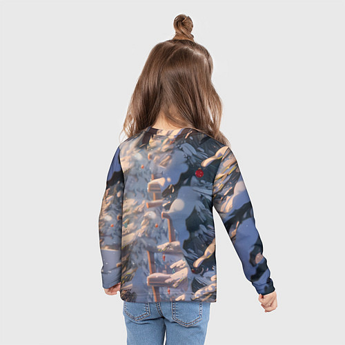 Детский лонгслив Белая лошадь на фоне елки / 3D-принт – фото 6