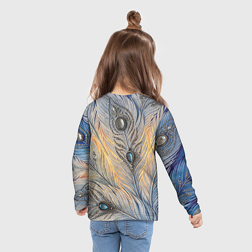 Детский лонгслив Синие перья с самоцветами / 3D-принт – фото 6