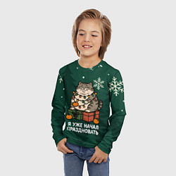 Лонгслив детский Я уже начал праздновать - кот с мандарином, цвет: 3D-принт — фото 2