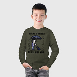 Лонгслив хлопковый детский Be kind to animals or I'll kil, цвет: меланж-хаки — фото 2