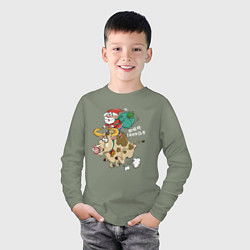 Лонгслив хлопковый детский Санта на олене, цвет: авокадо — фото 2