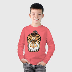 Лонгслив хлопковый детский Семейка тигров, цвет: коралловый — фото 2