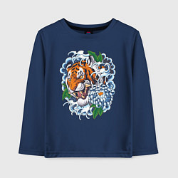 Лонгслив хлопковый детский Тигр в цветах, цвет: тёмно-синий